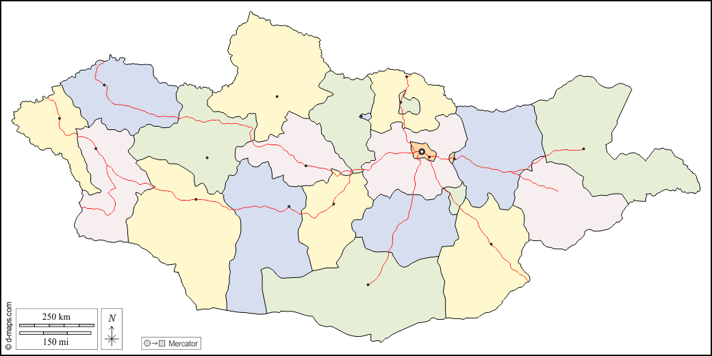Mongolia : d-maps.com: mappa gratuita, mappa muta gratuita, cartina muta gratuita : contorni, province, principali città, strade, colore, bianco