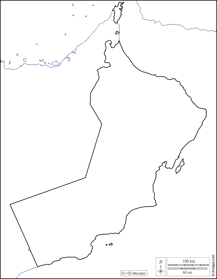 سلطنة عمان : خريطة مجانية, خريطة خاليه من الفراغ, خريطة الخطوط العريضة, خريطة القاعدة الحرة
 : سواحل, حدود, أبيض