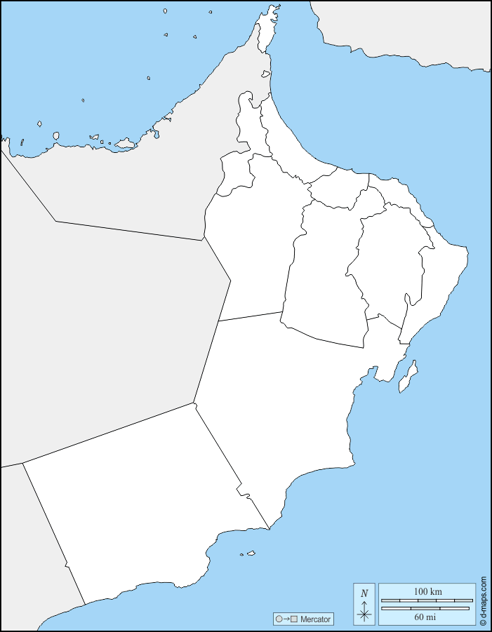 Oman : d-maps.com: carte géographique gratuite, carte géographique muette gratuite, carte vierge gratuite, fond de carte gratuit, formats graphiques courants : frontières, gouvernorats