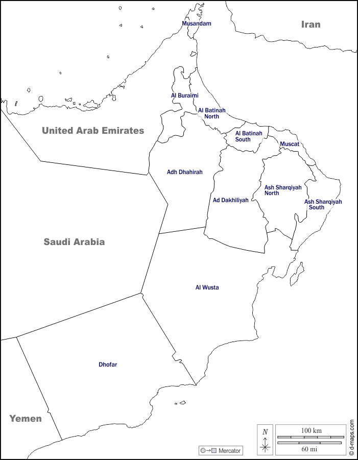 Omán : d-maps.com: mapa gratuito, mapa mudo gratuito, mapa en blanco gratuito, plantilla de mapa : fronteras, gobernaciones, nombres, blanco