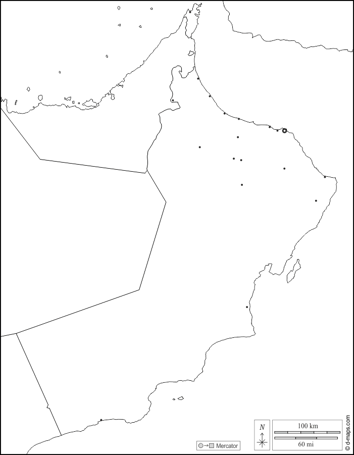 Oman : d-maps.com: carte géographique gratuite, carte géographique muette gratuite, carte vierge gratuite, fond de carte gratuit, formats graphiques courants : frontières, principales villes, blanc
