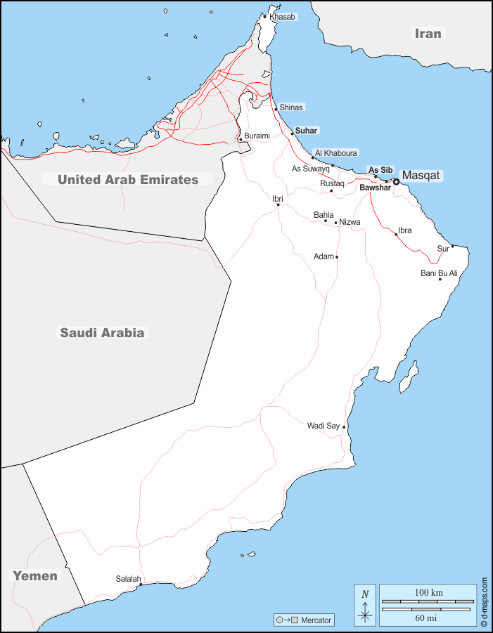 Oman : d-maps.com: Kostenlose Karten, kostenlose stumme Karte, kostenlose unausgefüllt Landkarte, kostenlose hochauflösende Umrisskarte : Grenzen, Wichtige Städte, Straßen, Namen