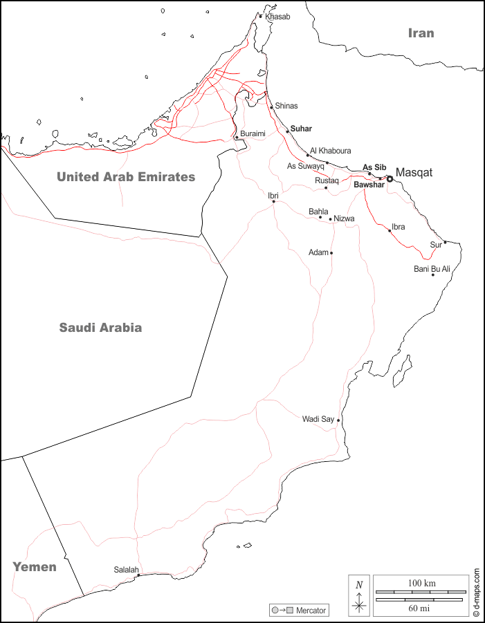 Oman : d-maps.com: Kostenlose Karten, kostenlose stumme Karte, kostenlose unausgefüllt Landkarte, kostenlose hochauflösende Umrisskarte : Grenzen, Wichtige Städte, Straßen, Namen, weiß