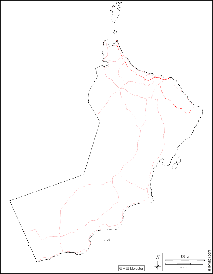 Oman : d-maps.com: Kostenlose Karten, kostenlose stumme Karte, kostenlose unausgefüllt Landkarte, kostenlose hochauflösende Umrisskarte : Umrisse, Straßen, weiß