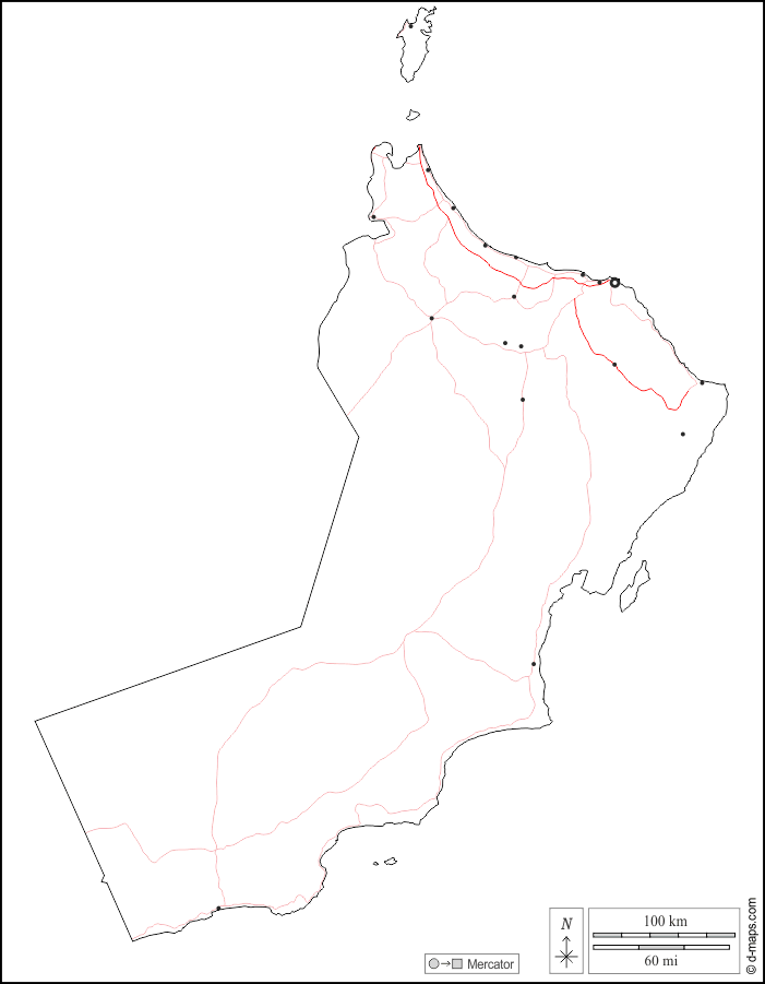Oman : d-maps.com: Kostenlose Karten, kostenlose stumme Karte, kostenlose unausgefüllt Landkarte, kostenlose hochauflösende Umrisskarte : Umrisse, Wichtige Städte, Straßen, weiß