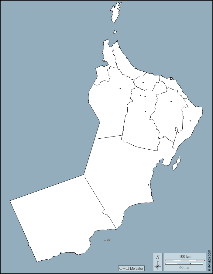 Oman : d-maps.com: Kostenlose Karten, kostenlose stumme Karte, kostenlose unausgefüllt Landkarte, kostenlose hochauflösende Umrisskarte : Umrisse, Gouvernorate, Wichtige Städte