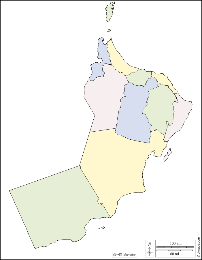 Oman : d-maps.com: Kostenlose Karten, kostenlose stumme Karte, kostenlose unausgefüllt Landkarte, kostenlose hochauflösende Umrisskarte : Umrisse, Gouvernorate, Farbe, weiß
