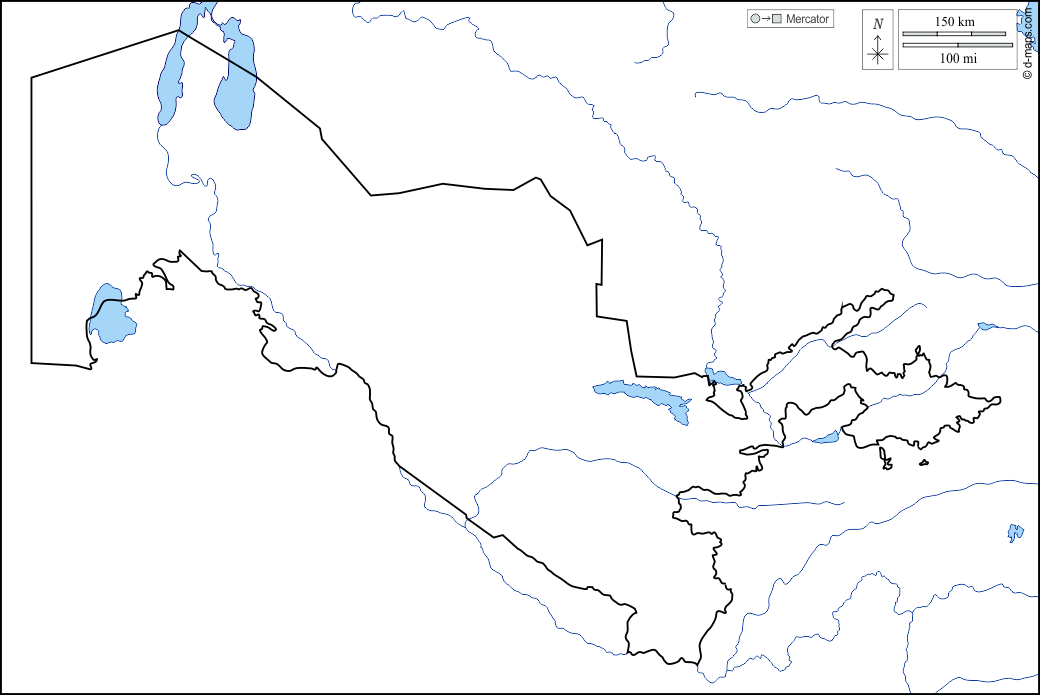 Uzbekistan : d-maps.com: mappa gratuita, mappa muta gratuita, cartina muta gratuita : litorali, limiti, idrografia