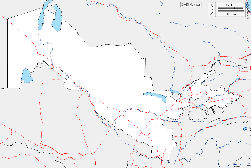 Uzbekistan : d-maps.com: mappa gratuita, mappa muta gratuita, cartina muta gratuita : frontiere, idrografia, strade
