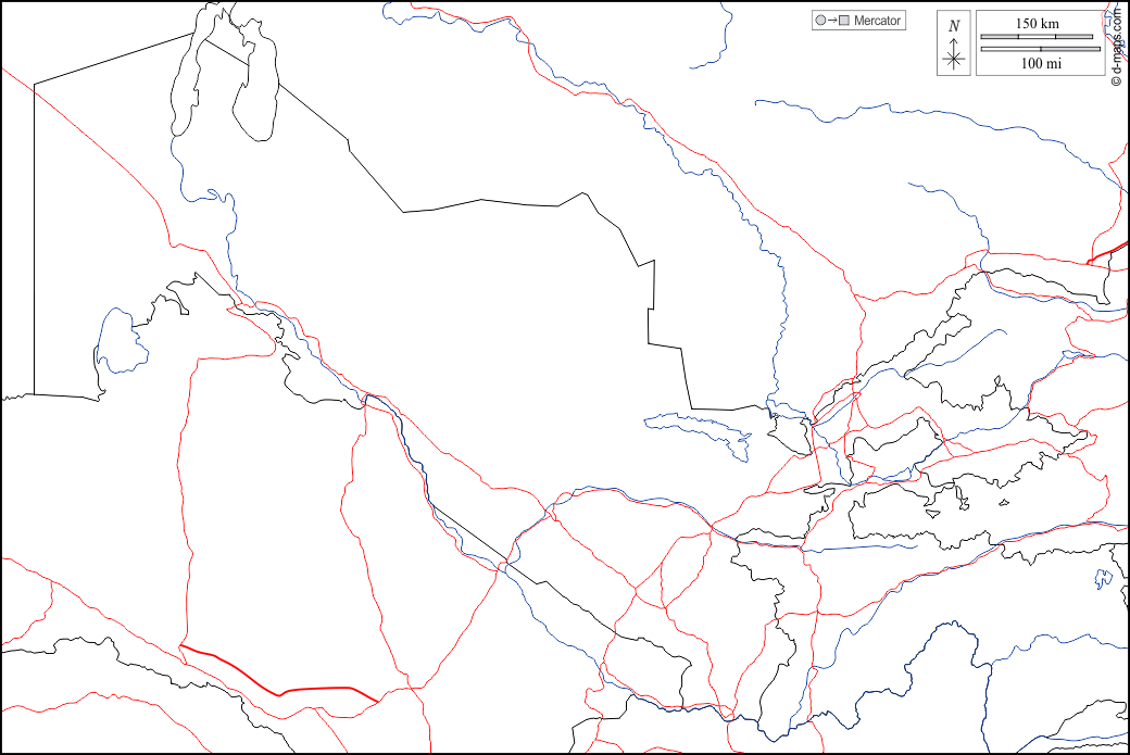 Uzbekistan : d-maps.com: mappa gratuita, mappa muta gratuita, cartina muta gratuita : frontiere, idrografia, strade, bianco