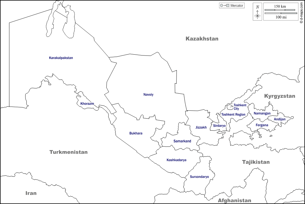 Uzbekistan : d-maps.com: mappa gratuita, mappa muta gratuita, cartina muta gratuita : frontiere, province, nomi, bianco