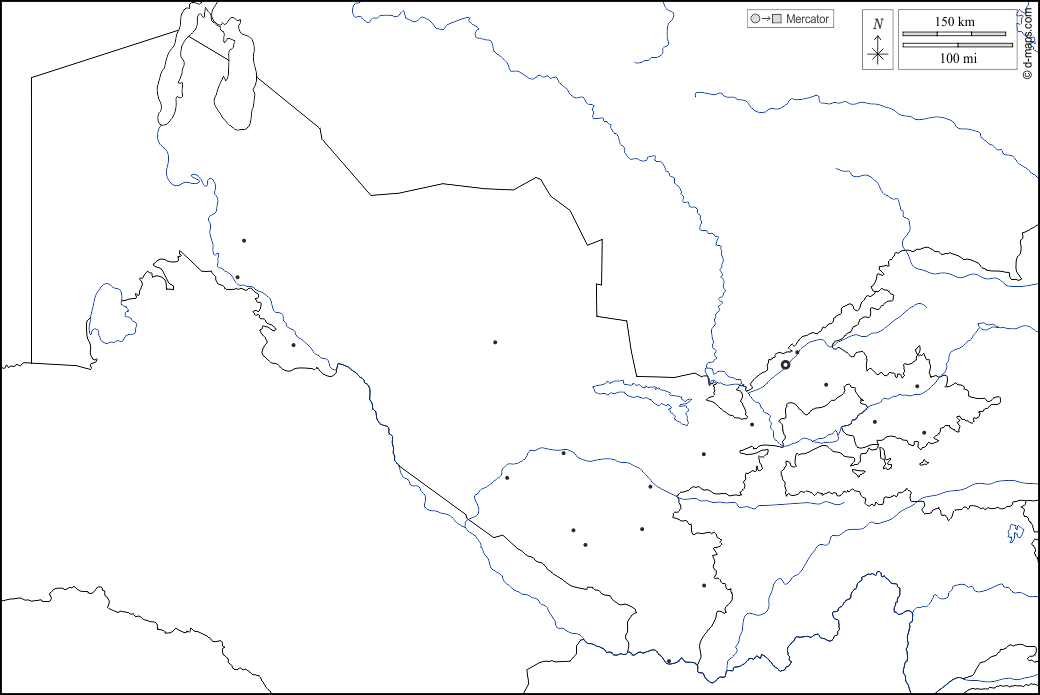 Uzbekistan : d-maps.com: mappa gratuita, mappa muta gratuita, cartina muta gratuita : frontiere, idrografia, principali città, bianco