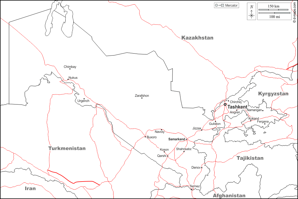 Uzbekistan : d-maps.com: mappa gratuita, mappa muta gratuita, cartina muta gratuita : frontiere, principali città, strade, nomi, bianco