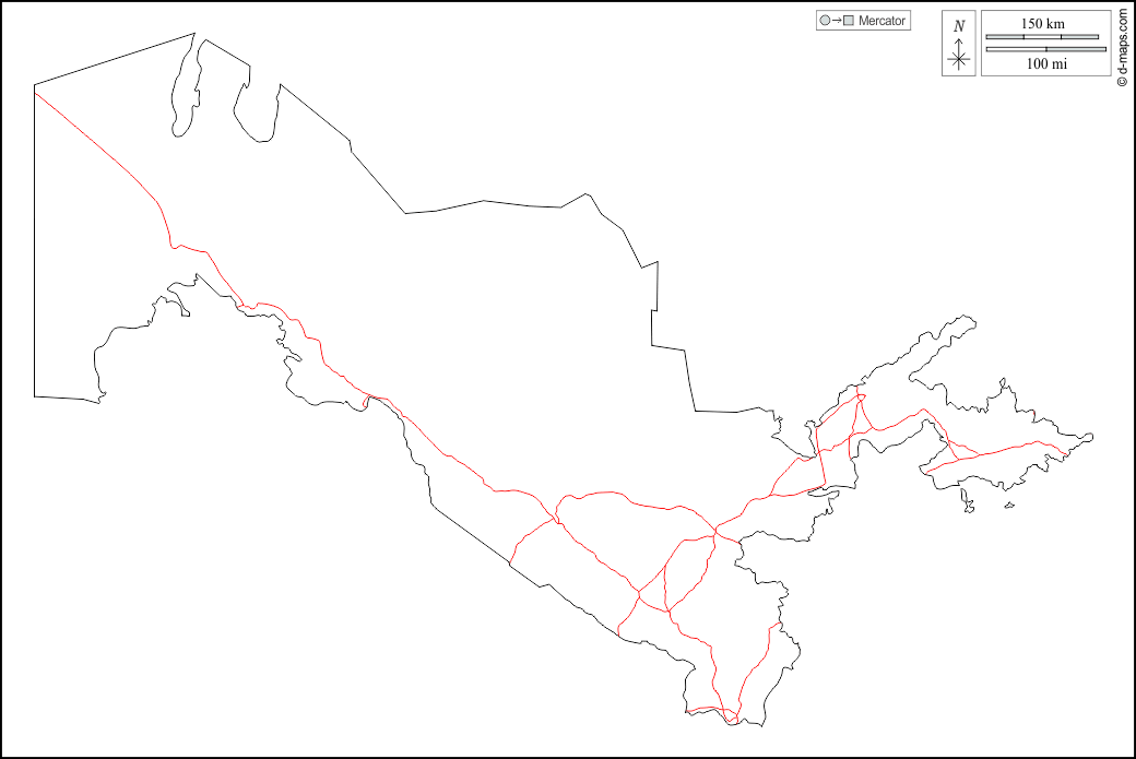 Uzbequistão : d-maps.com: mapa livre, mapa em branco livre, mapa livre do esboço, mapa básico livre
 : contornos, estradas, branco