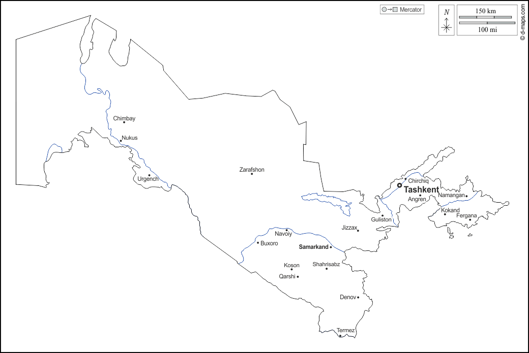 Usbekistan : d-maps.com: Kostenlose Karten, kostenlose stumme Karte, kostenlose unausgefüllt Landkarte, kostenlose hochauflösende Umrisskarte : Umrisse, Hydrografie, Wichtige Städte, Namen, weiß
