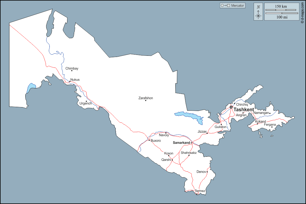 Uzbekistan : d-maps.com: mappa gratuita, mappa muta gratuita, cartina muta gratuita : contorni, idrografia, principali città, strade, nomi