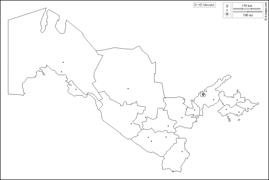 Uzbekistan : d-maps.com: mappa gratuita, mappa muta gratuita, cartina muta gratuita : contorni, province, principali città, bianco