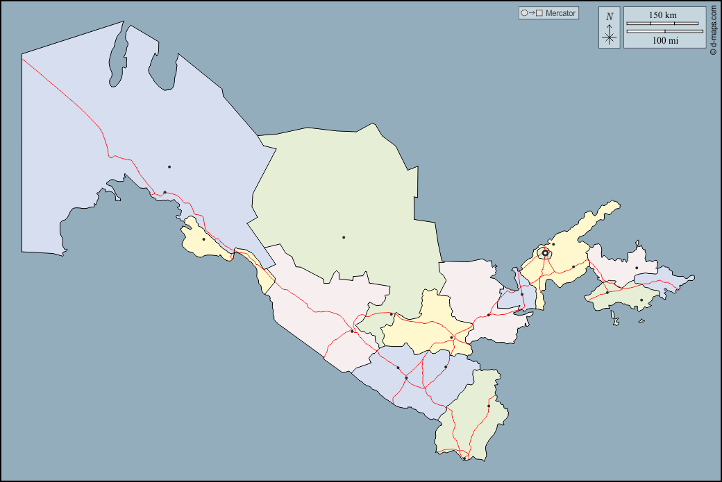 Uzbekistan : d-maps.com: mappa gratuita, mappa muta gratuita, cartina muta gratuita : contorni, province, principali città, strade, colore