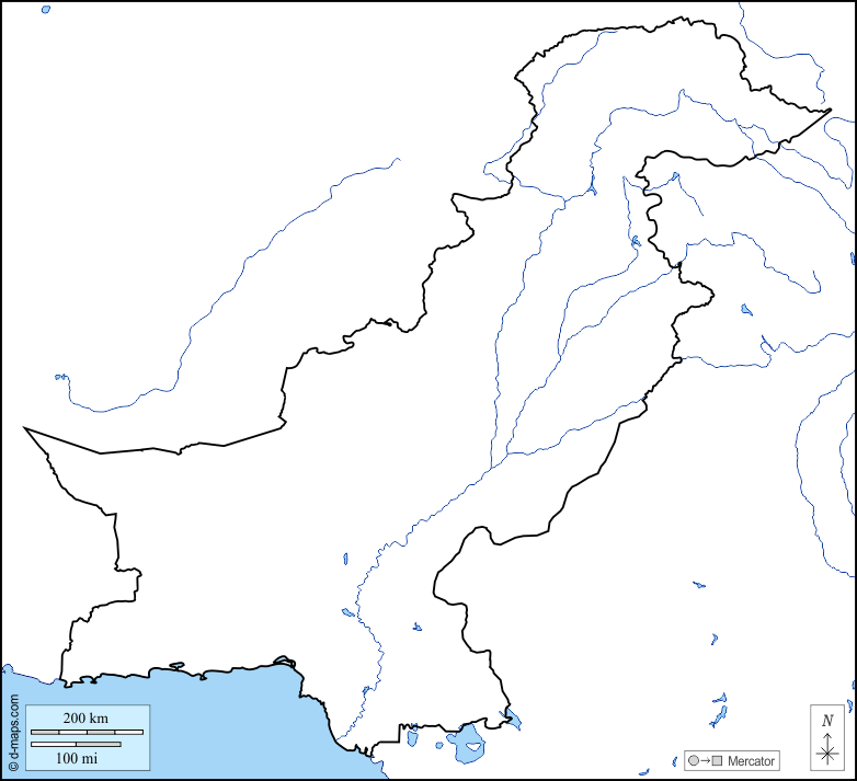 Pakistan : d-maps.com: mappa gratuita, mappa muta gratuita, cartina muta gratuita : litorali, limiti, idrografia