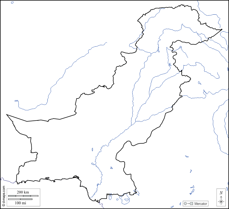 Pakistan : d-maps.com: mappa gratuita, mappa muta gratuita, cartina muta gratuita : litorali, limiti, idrografia, bianco
