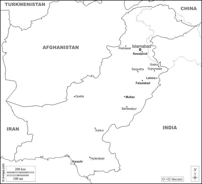 Pakistan : d-maps.com: mappa gratuita, mappa muta gratuita, cartina muta gratuita : frontiere, principali città, nomi, bianco