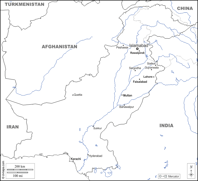 Pakistan : d-maps.com: mappa gratuita, mappa muta gratuita, cartina muta gratuita : frontiere, idrografia, principali città, nomi, bianco