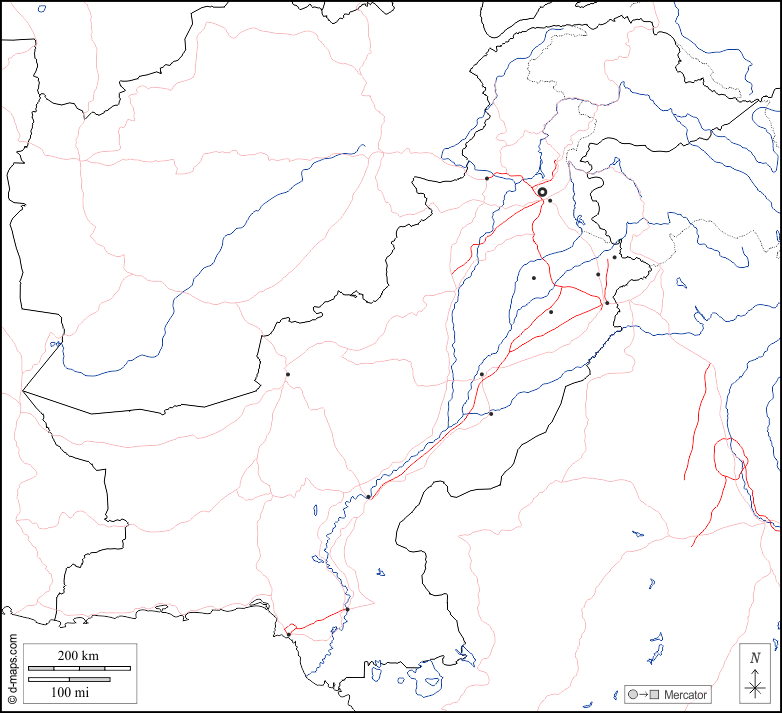 Pakistan : d-maps.com: mappa gratuita, mappa muta gratuita, cartina muta gratuita : frontiere, idrografia, principali città, strade, bianco