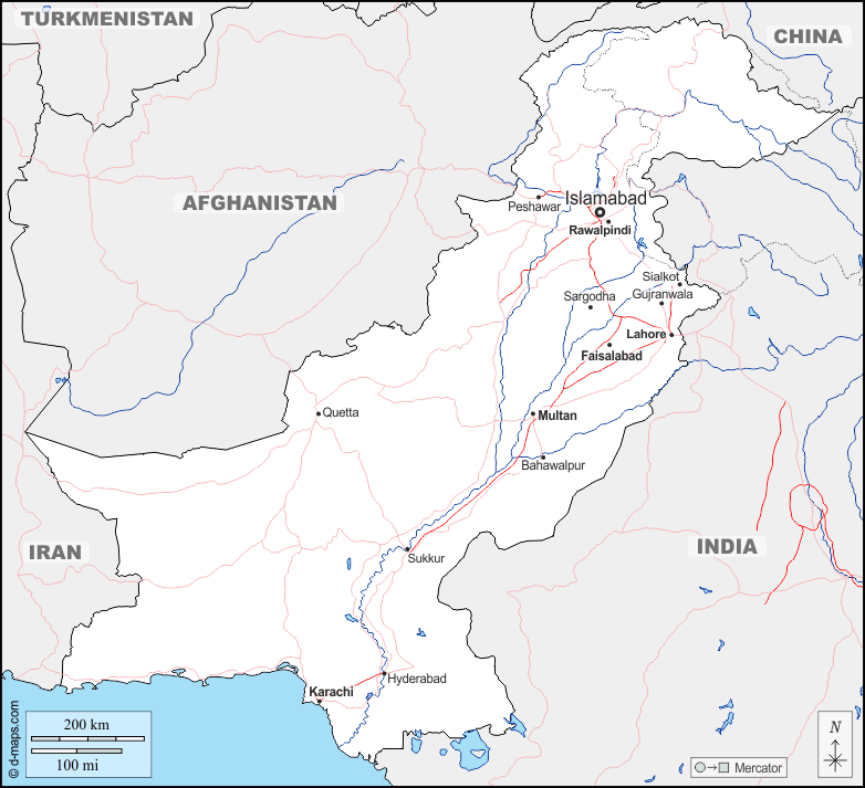 Pakistan : d-maps.com: mappa gratuita, mappa muta gratuita, cartina muta gratuita : frontiere, idrografia, principali città, strade, nomi