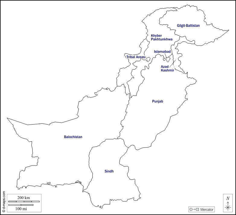 Pakistan : d-maps.com: mappa gratuita, mappa muta gratuita, cartina muta gratuita : contorni, province, nomi, bianco