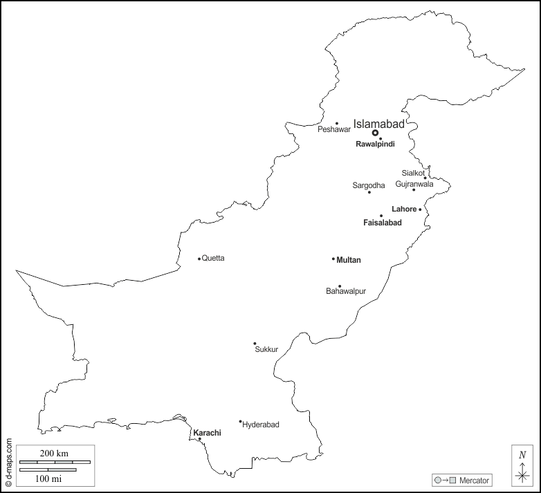 Pakistan : d-maps.com: mappa gratuita, mappa muta gratuita, cartina muta gratuita : contorni, principali città, nomi, bianco