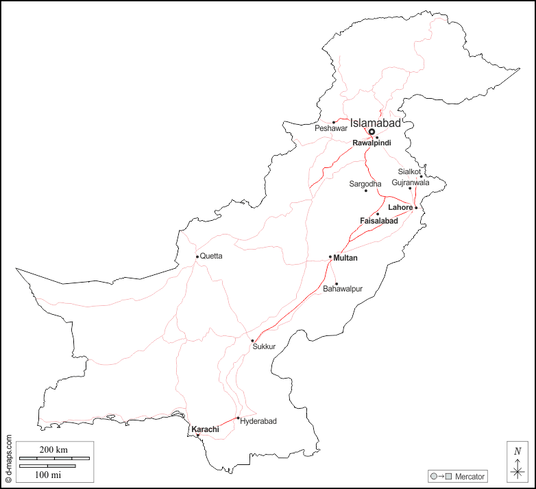 Pakistan : d-maps.com: mappa gratuita, mappa muta gratuita, cartina muta gratuita : contorni, principali città, strade, nomi, bianco