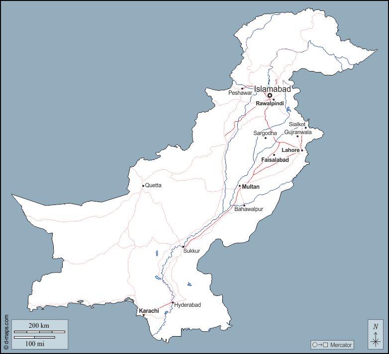Pakistan : d-maps.com: mappa gratuita, mappa muta gratuita, cartina muta gratuita : contorni, idrografia, principali città, strade, nomi