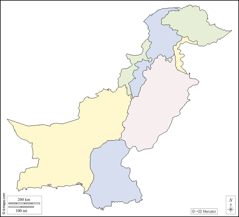 Pakistan : d-maps.com: mappa gratuita, mappa muta gratuita, cartina muta gratuita : contorni, province, colore, bianco