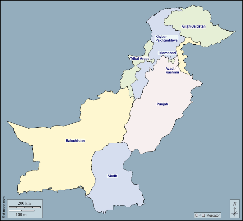 Pakistan : d-maps.com: mappa gratuita, mappa muta gratuita, cartina muta gratuita : contorni, province, nomi, colore