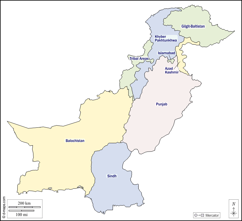 Pakistan : d-maps.com: mappa gratuita, mappa muta gratuita, cartina muta gratuita : contorni, province, nomi, colore, bianco