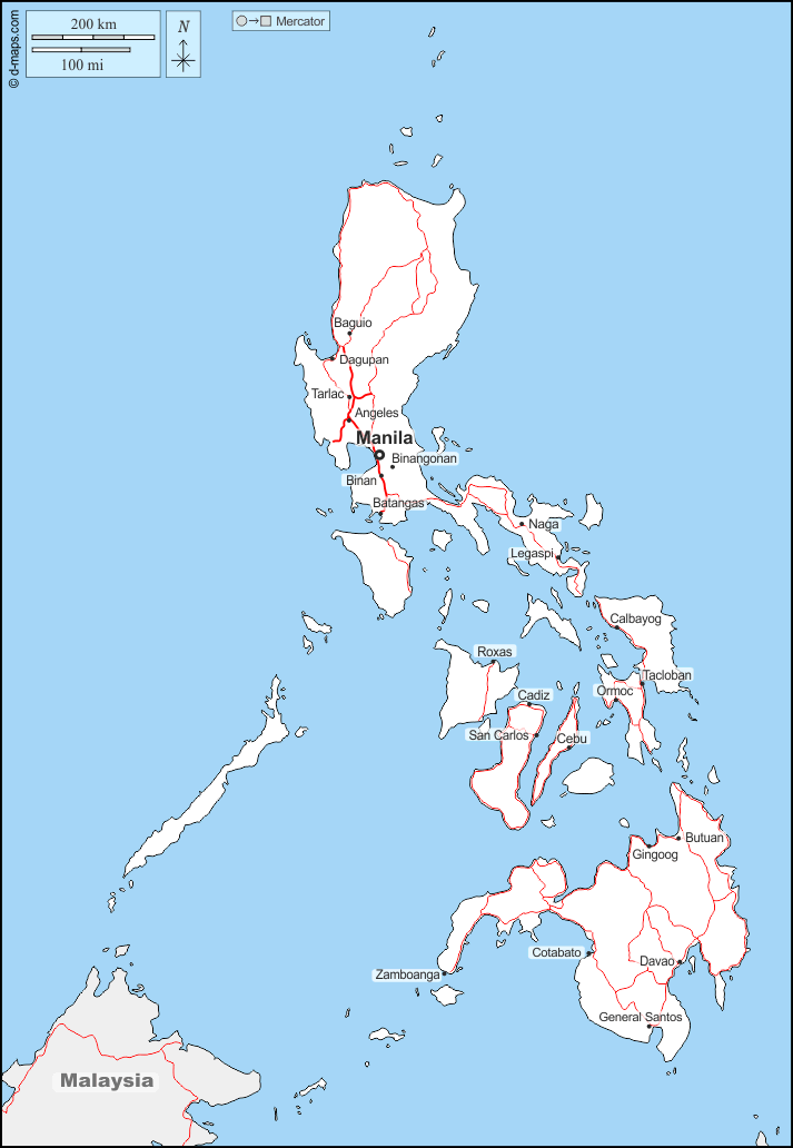 Filippine : d-maps.com: mappa gratuita, mappa muta gratuita, cartina muta gratuita : frontiere, principali città, strade, nomi