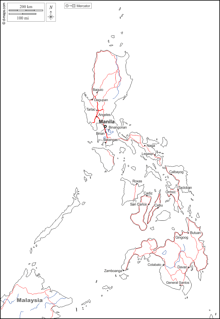 Filippine : d-maps.com: mappa gratuita, mappa muta gratuita, cartina muta gratuita : frontiere, idrografia, principali città, strade, nomi, bianco