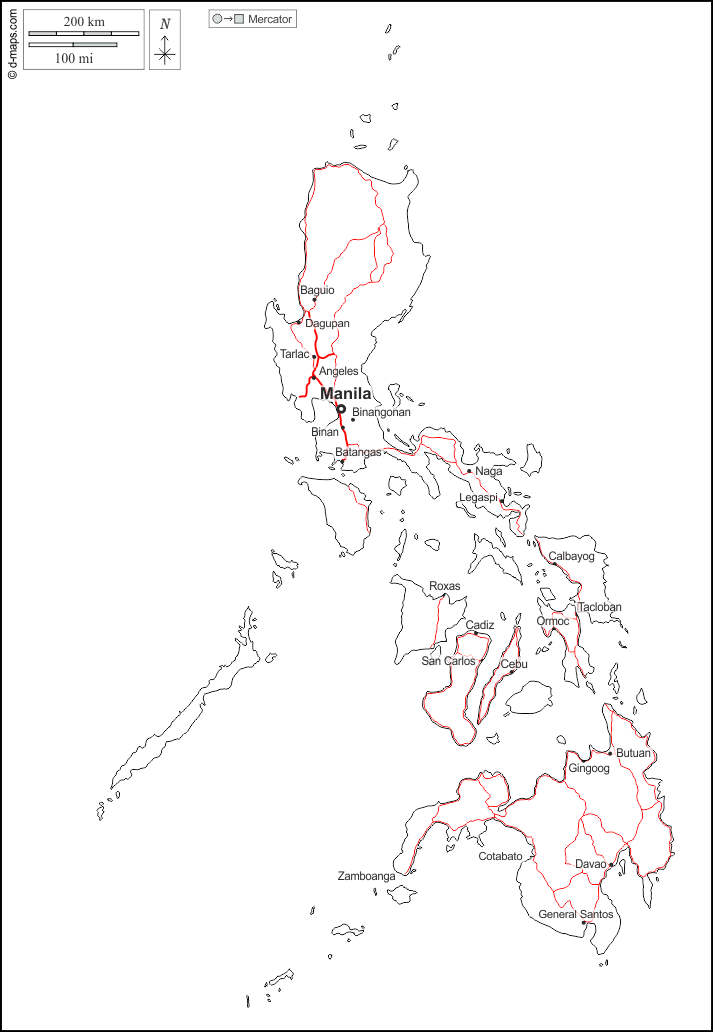 Filippine : d-maps.com: mappa gratuita, mappa muta gratuita, cartina muta gratuita : contorni, principali città, strade, nomi, bianco