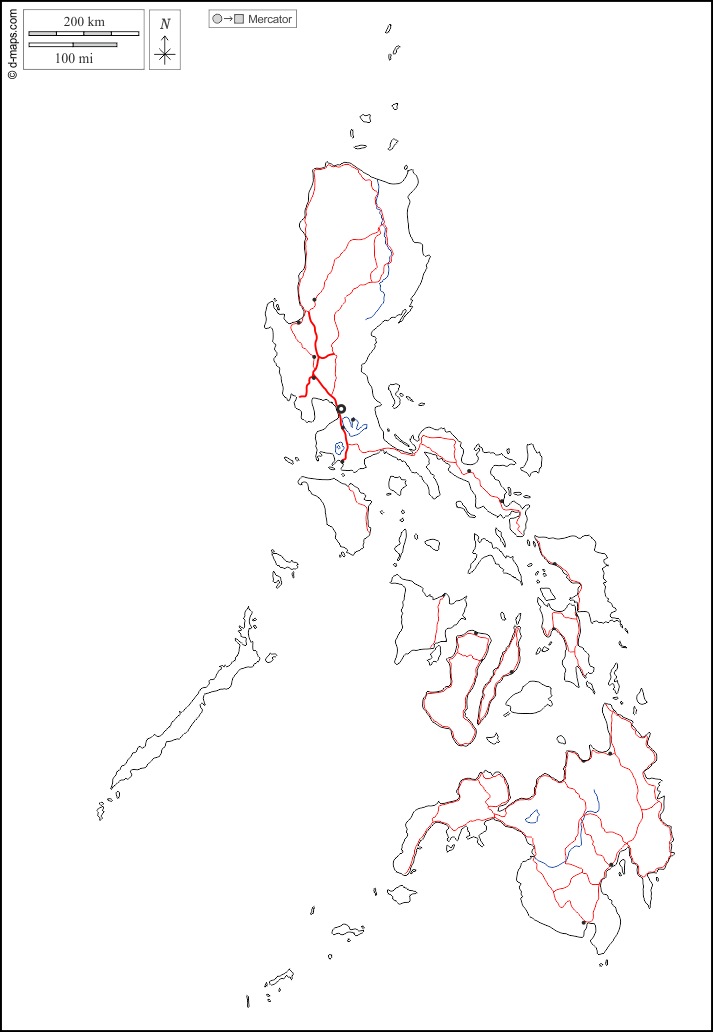 Filippine : d-maps.com: mappa gratuita, mappa muta gratuita, cartina muta gratuita : contorni, idrografia, principali città, strade, bianco