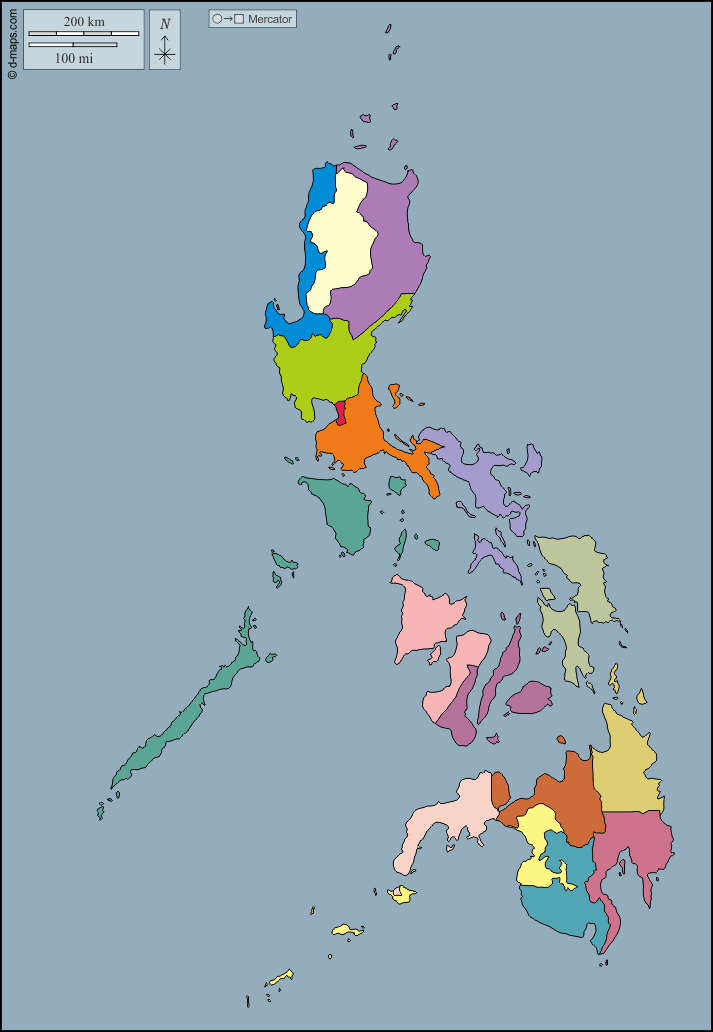 Filippine : d-maps.com: mappa gratuita, mappa muta gratuita, cartina muta gratuita : contorni, regioni, colore