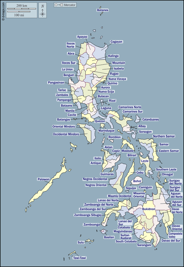 Filippine : d-maps.com: mappa gratuita, mappa muta gratuita, cartina muta gratuita : contorni, province, nomi, colore