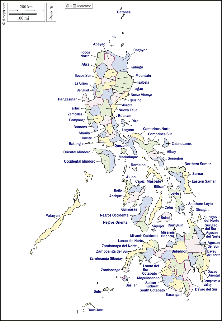 Filippine : d-maps.com: mappa gratuita, mappa muta gratuita, cartina muta gratuita : contorni, province, nomi, colore, bianco