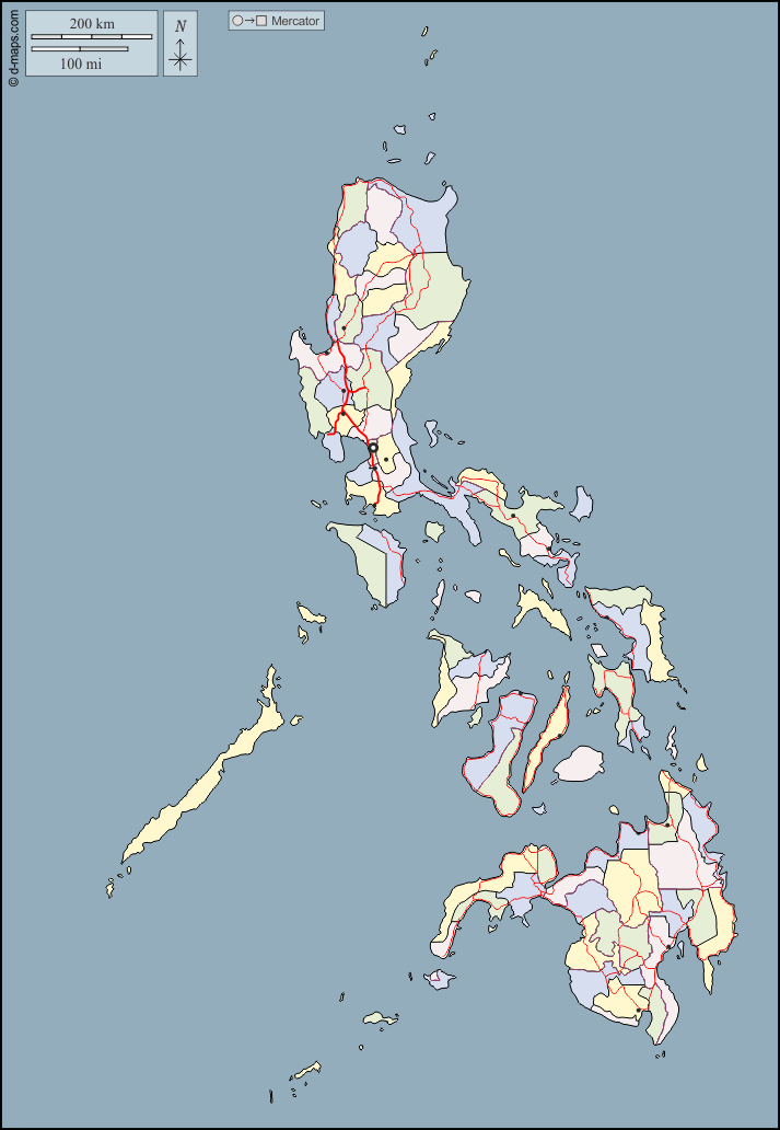 Filippine : d-maps.com: mappa gratuita, mappa muta gratuita, cartina muta gratuita : contorni, province, principali città, strade, colore