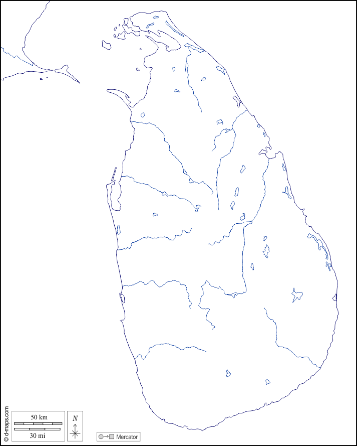 Sri Lanka : d-maps.com: mappa gratuita, mappa muta gratuita, cartina muta gratuita : litorali, idrografia, bianco