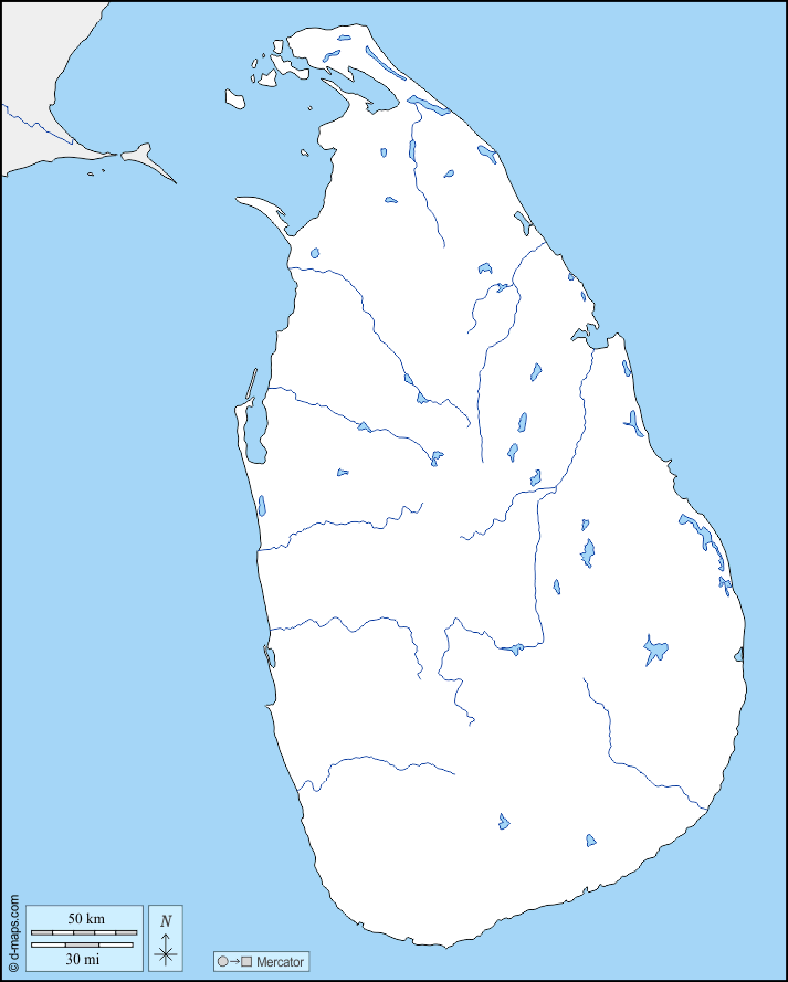 Sri Lanka : d-maps.com: mapa gratuito, mapa mudo gratuito, mapa en blanco gratuito, plantilla de mapa : fronteras, hidrografía