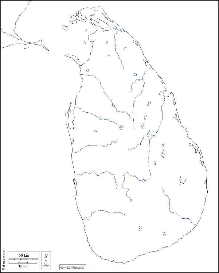 Sri Lanka : d-maps.com: mappa gratuita, mappa muta gratuita, cartina muta gratuita : frontiere, idrografia, bianco