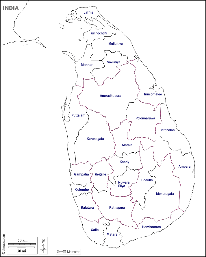 Sri Lanka : d-maps.com: mappa gratuita, mappa muta gratuita, cartina muta gratuita : frontiere, distretti, nomi, bianco