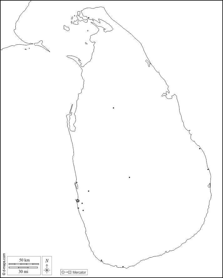 Sri Lanka : d-maps.com: mappa gratuita, mappa muta gratuita, cartina muta gratuita : frontiere, principali città, bianco