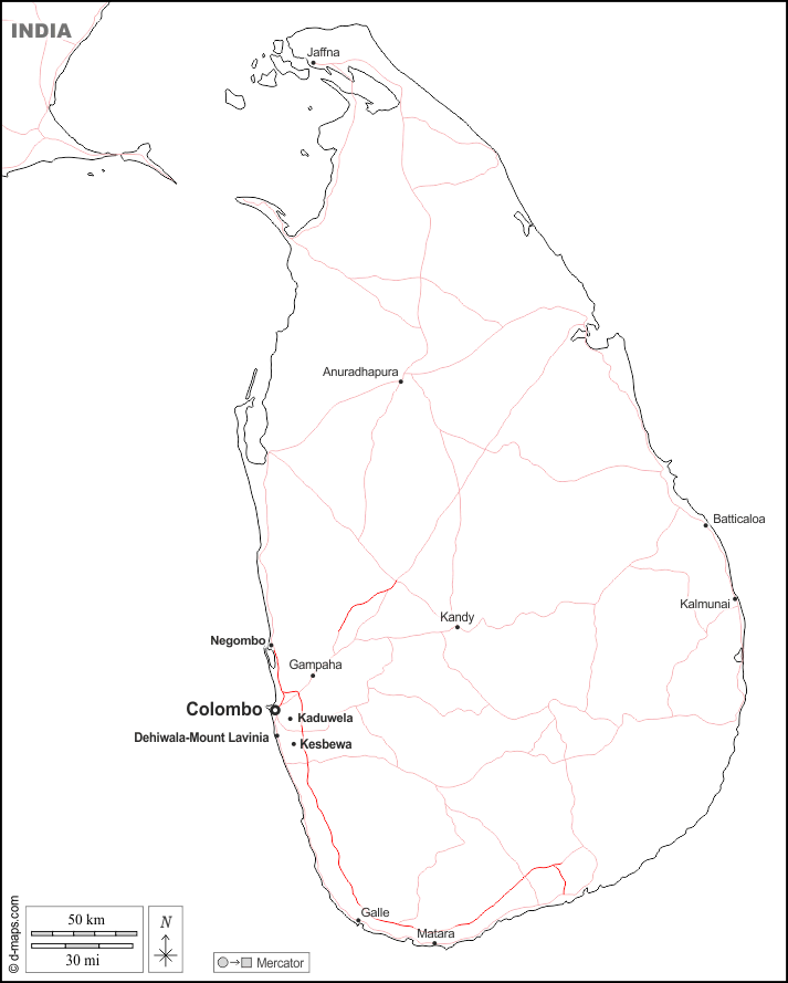 Шри-Ланка : d-maps.com: Бесплатная карта, бесплатная карта, свободная карта, Бесплатная базовая карта
 : границы, Главные города, дорог, имена, Белый