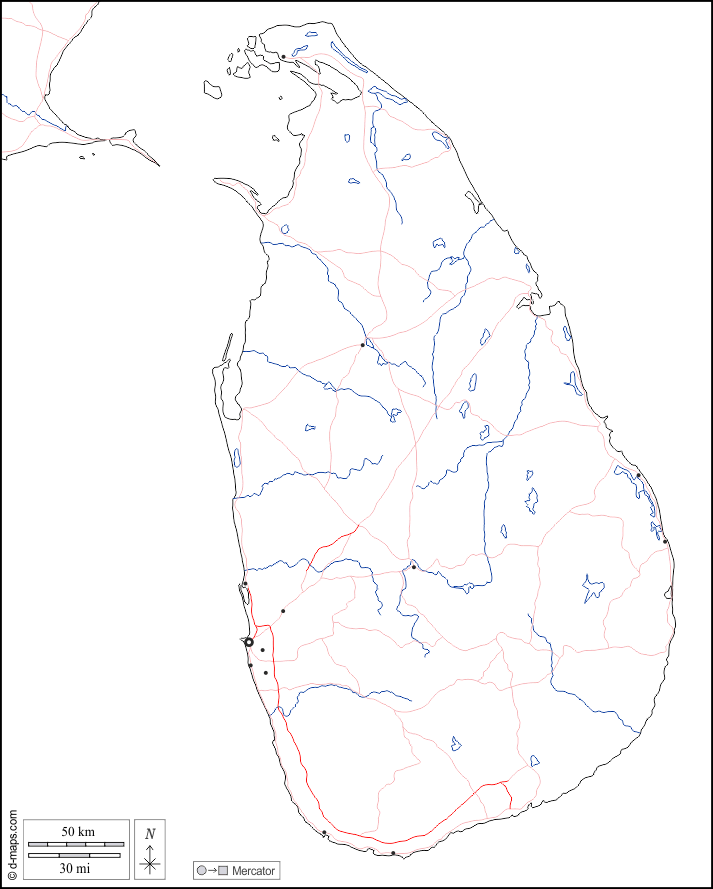 Sri Lanka : d-maps.com: mappa gratuita, mappa muta gratuita, cartina muta gratuita : frontiere, idrografia, principali città, strade, bianco
